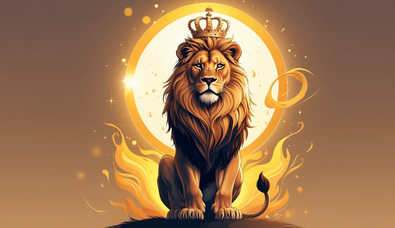 A majestic lion with a golden mane surrounded by a glowing sun, flames, and a crown, representing strength, leadership, and passion.