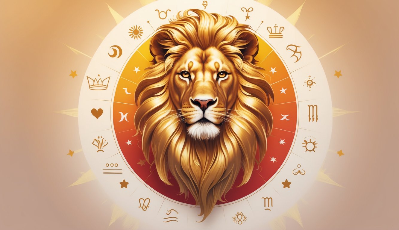 A majestic golden lion surrounded by symbols representing zodiac signs and icons illustrating traits like confidence, leadership, creativity, and warmth, set against a warm background with sun and star motifs.