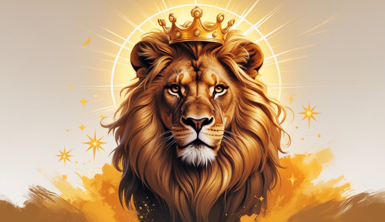 A majestic lion with a flowing mane surrounded by glowing stars and a radiant sun, symbolizing strength, leadership, and warmth.