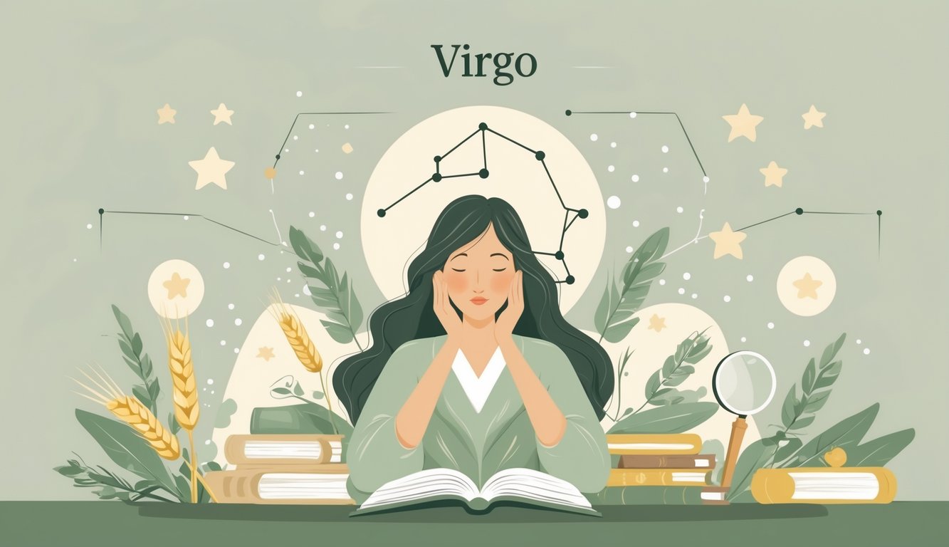 A calm woman surrounded by symbols of the Virgo zodiac, including wheat, stars, books, and a magnifying glass, set in a clean and orderly environment.