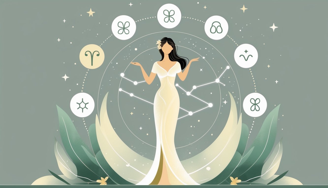 A serene female figure representing Virgo surrounded by zodiac symbols, stars, and icons symbolizing Virgo traits, with two other figures nearby indicating harmonious relationships.