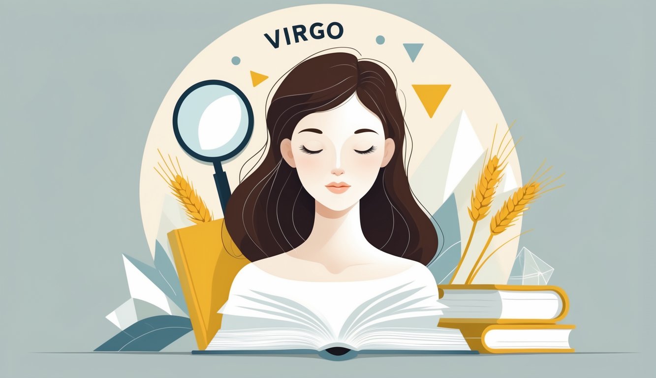 A calm woman surrounded by symbols like a book, magnifying glass, and wheat, representing Virgo zodiac traits.