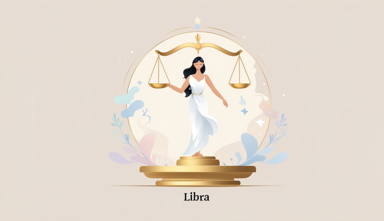 A graceful figure holding balanced golden scales surrounded by soft pastel colors and a symmetrical, peaceful background symbolizing balance and harmony.