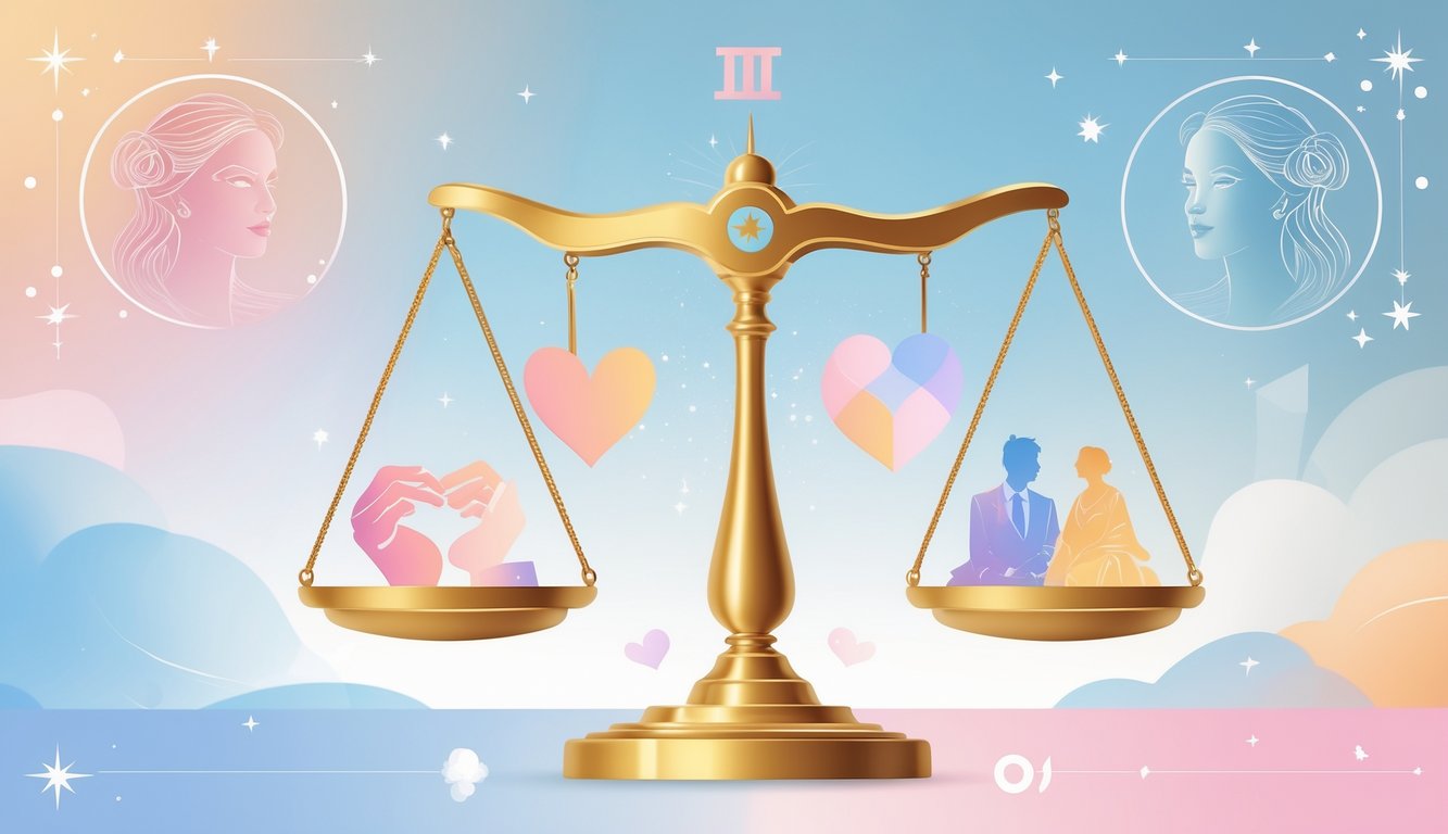 Balanced golden scales with symbols of relationships on one side and career icons on the other, surrounded by subtle portraits of famous Libra figures against a calm blue and pink background.