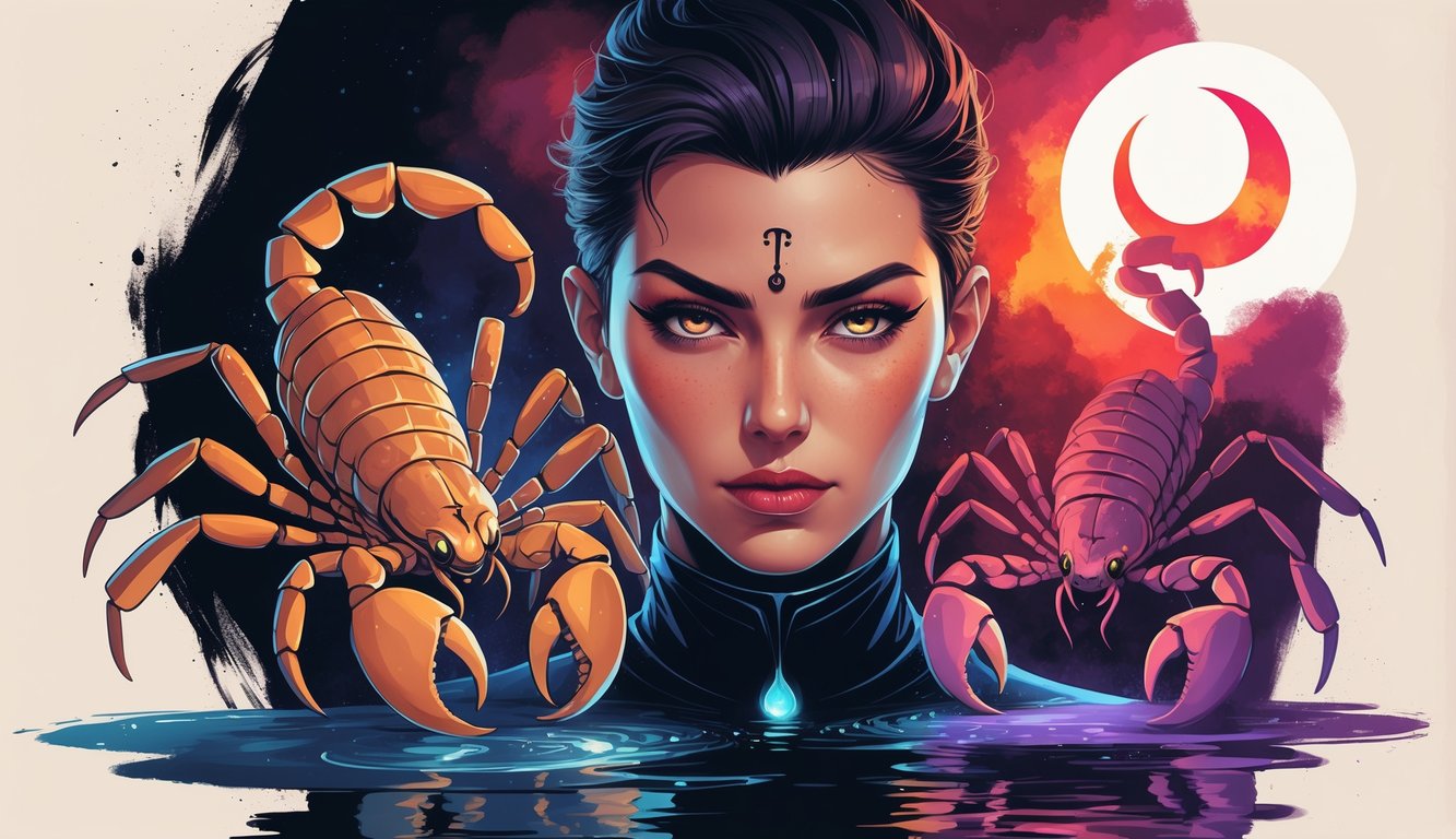 A confident person surrounded by a scorpion, water, and a crescent moon, symbolizing intensity and emotional depth.