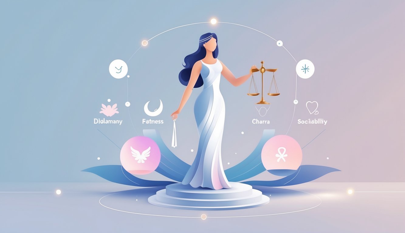 A balanced figure holding scales surrounded by symbols of peace, cooperation, and harmony.