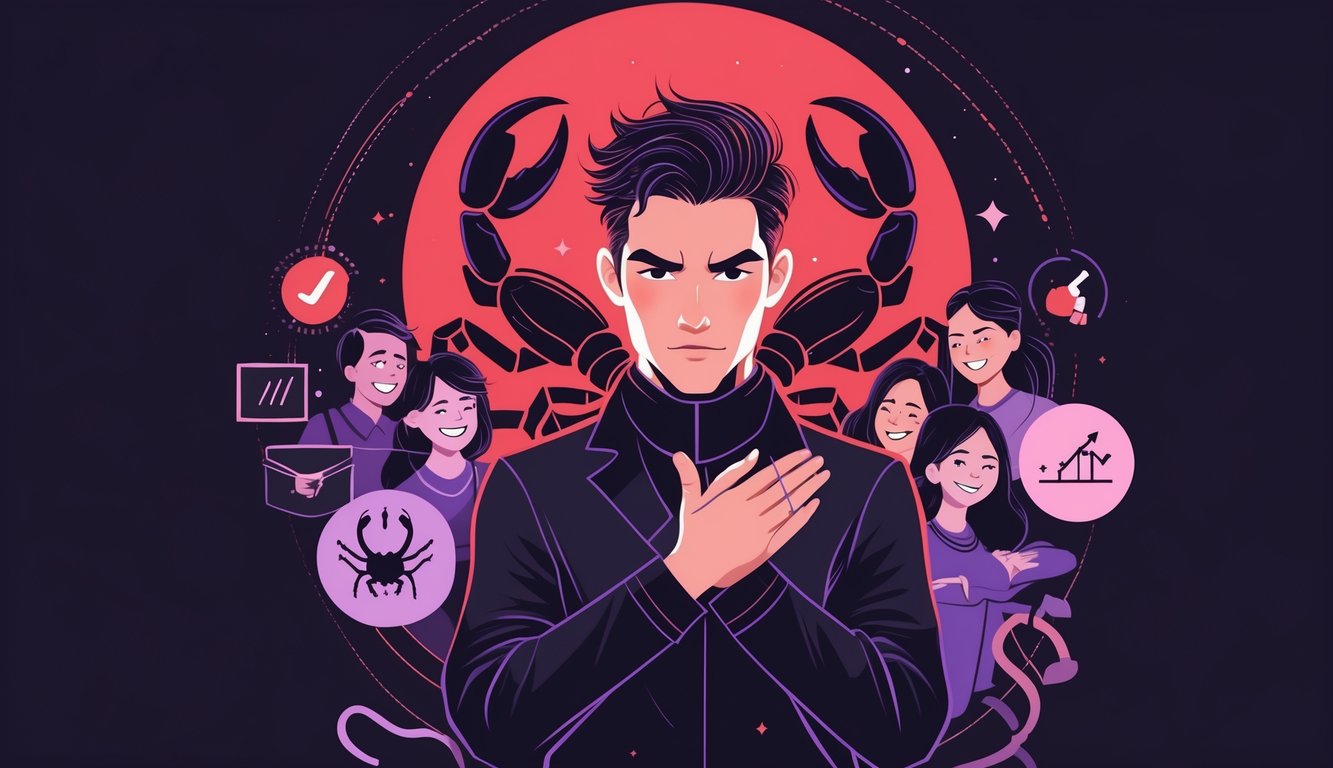 A confident person surrounded by symbols of relationships, friendship, and career, with a scorpion motif in the background.