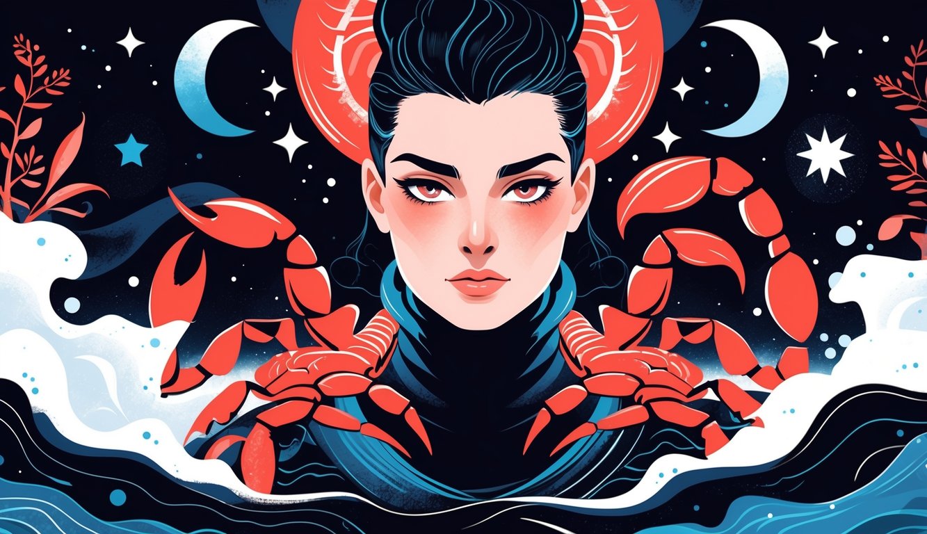 A confident figure surrounded by a detailed scorpion, water elements, and celestial symbols representing Scorpio traits.