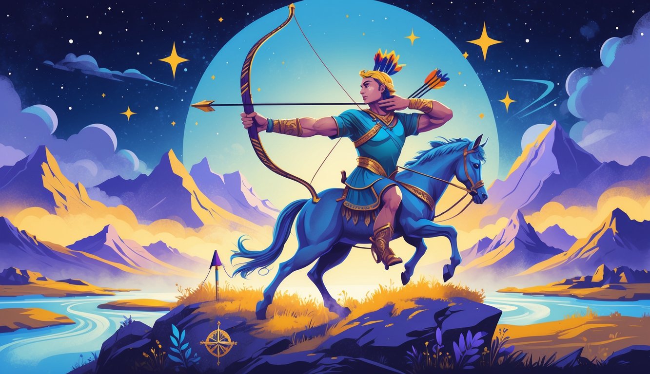 A centaur archer aiming a bow and arrow toward the sky, surrounded by mountains, stars, and a flowing river.