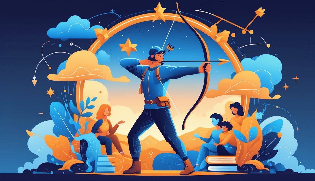 An archer aiming a bow and arrow surrounded by symbols of travel, knowledge, challenges, and warm human connections with a starry sky and constellation in the background.