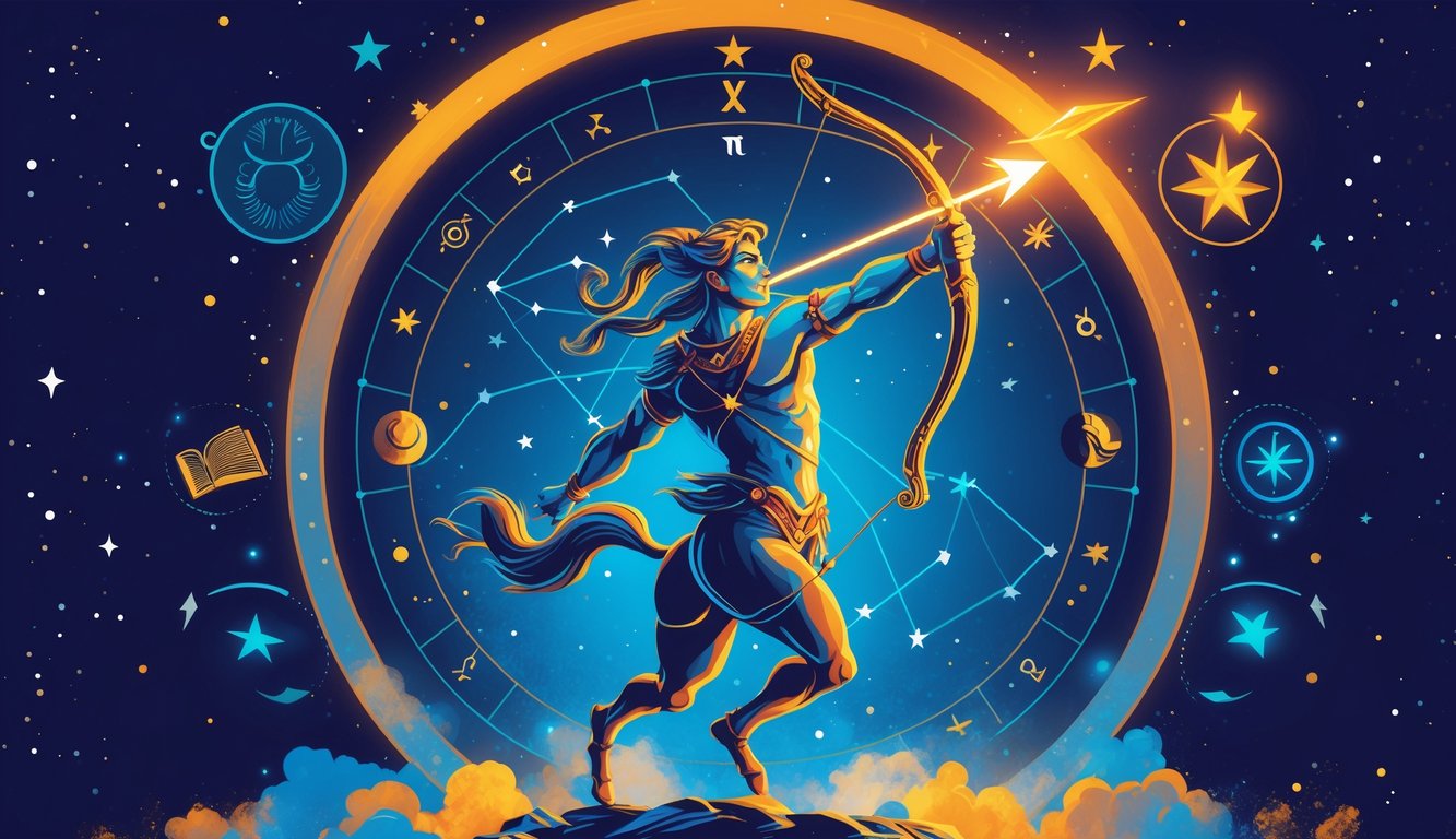 A centaur archer aiming an arrow toward the sky surrounded by stars and symbols representing traits like freedom, curiosity, honesty, and exploration.