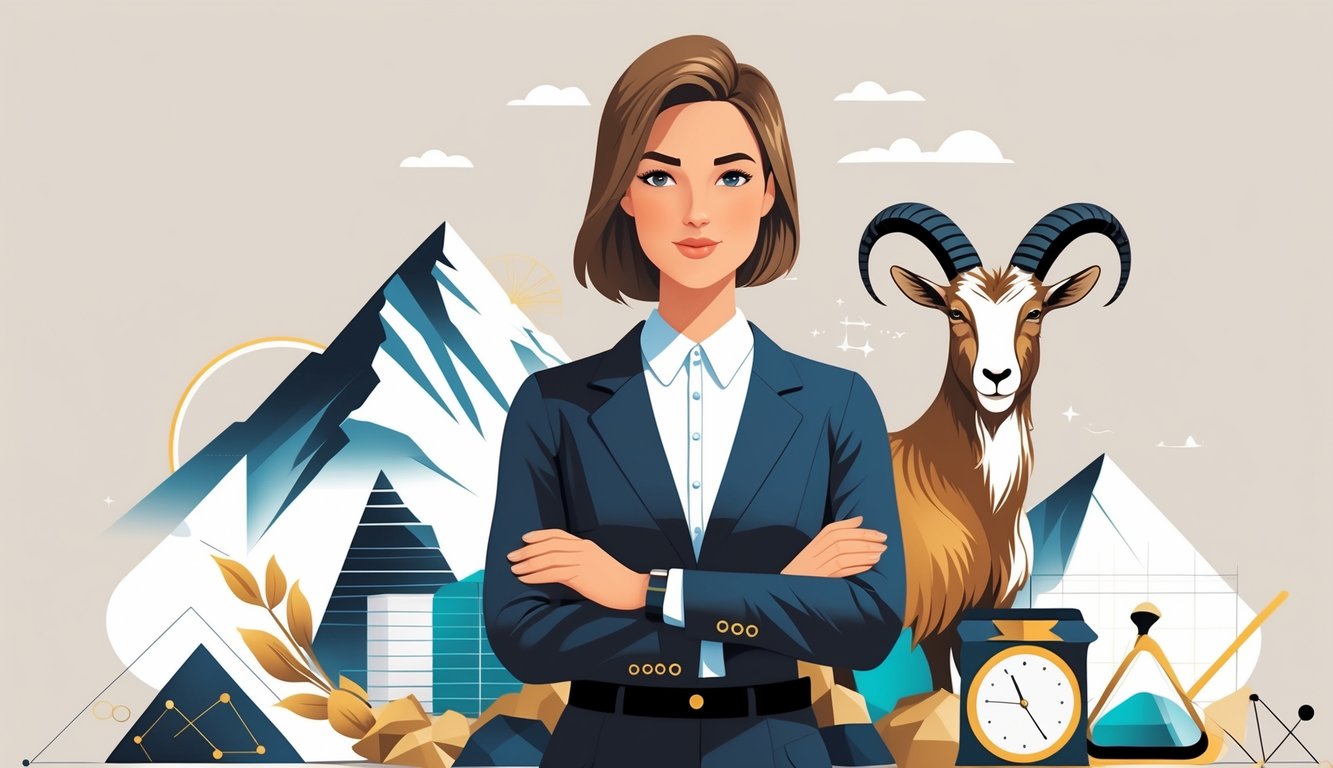A confident person standing with a mountain and a goat in the background, surrounded by symbols of patience and organization.