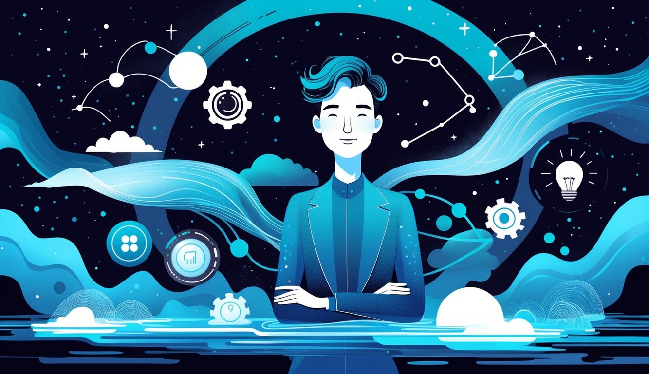 A person surrounded by flowing water and stars, with symbols of creativity and innovation around them.