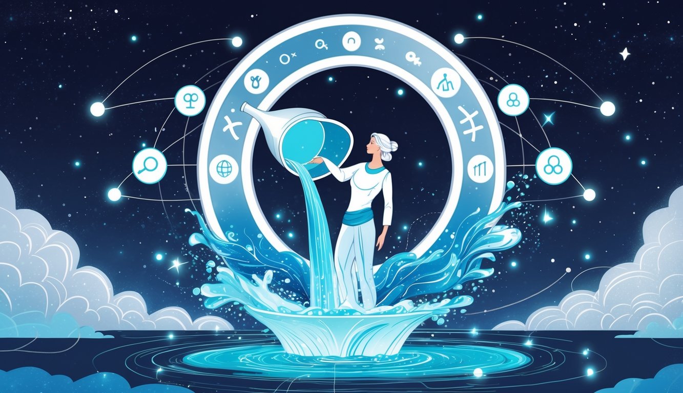 A person pouring water from a large vessel surrounded by stars and flowing water, with symbols representing innovation and connection in a night sky.