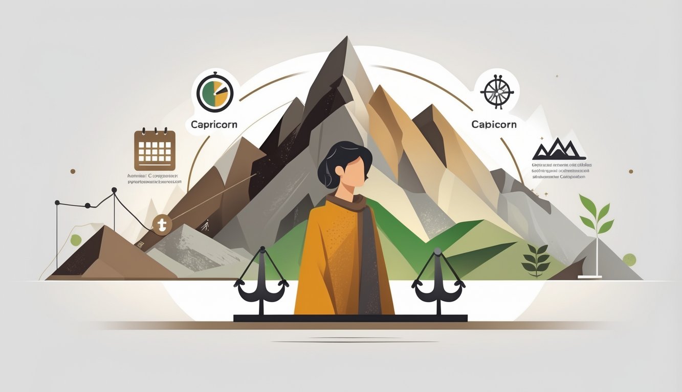 A person standing confidently in front of a mountain peak surrounded by symbols representing discipline, patience, and reliability.