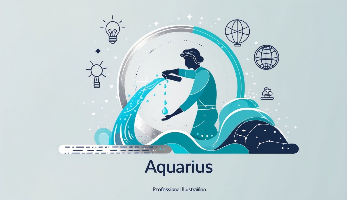 An illustration of a water bearer pouring water that flows into waves and stars, surrounded by icons representing creativity, ideas, and humanitarianism.