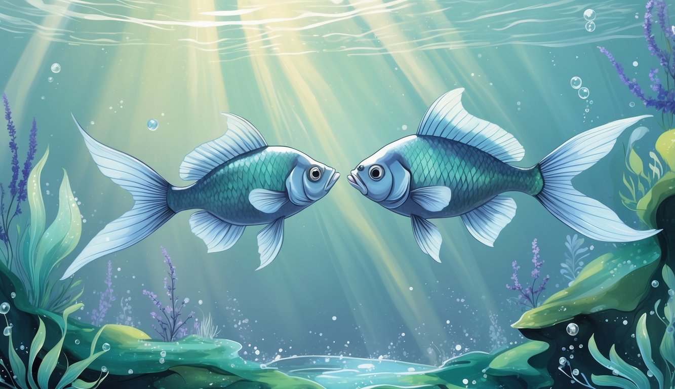 Two fish swimming in opposite directions underwater surrounded by plants and light rays, evoking a calm and mystical aquatic scene.