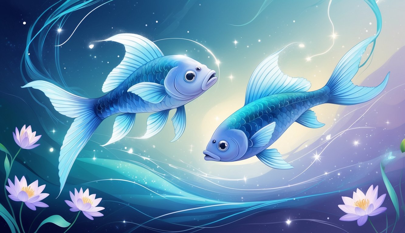 Two graceful fish swimming together in a calm underwater scene with soft light and water plants, symbolizing connection and harmony.