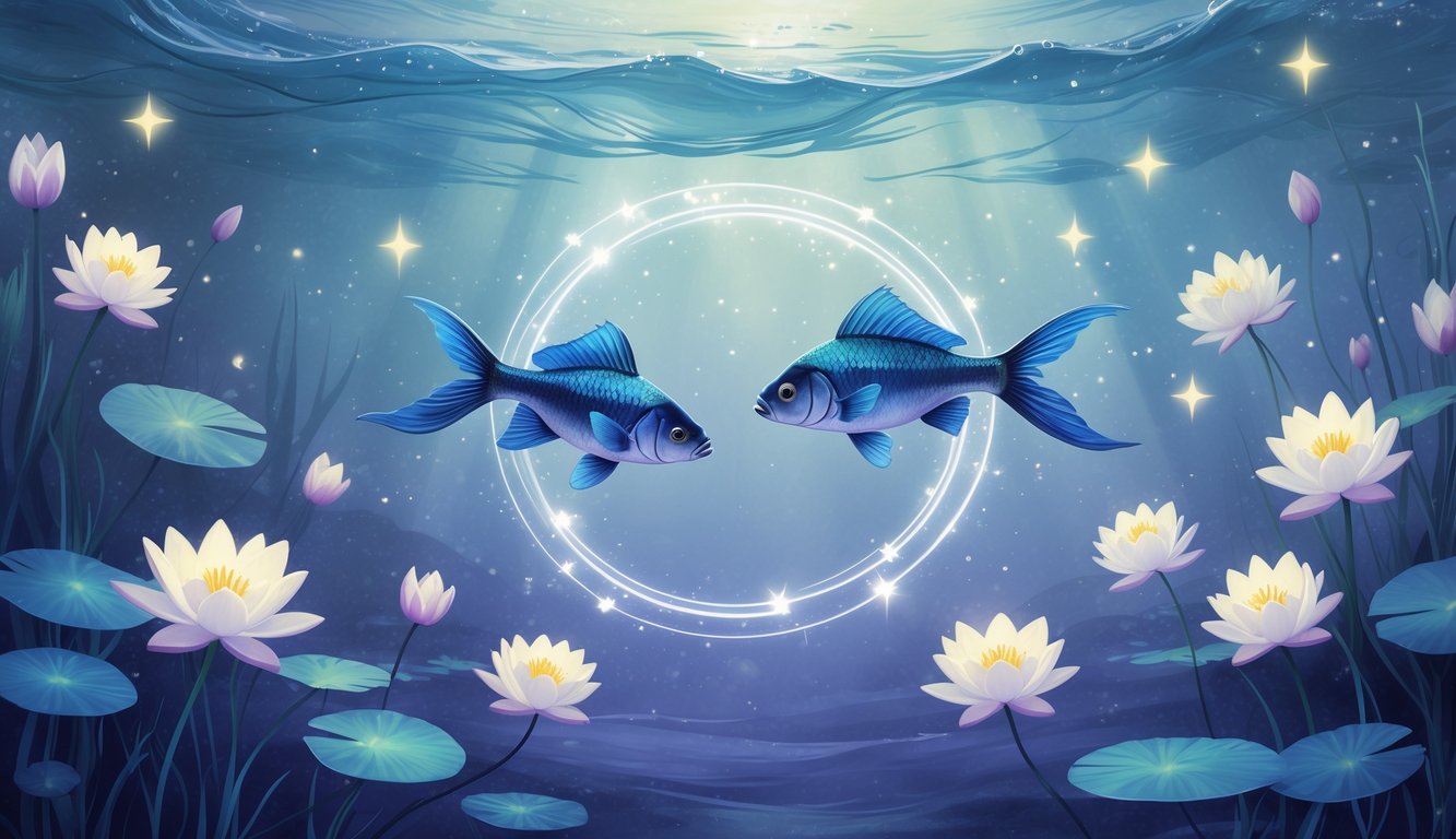 Two fish swimming in a calm underwater scene with soft light, water lilies, and glowing stars around them.