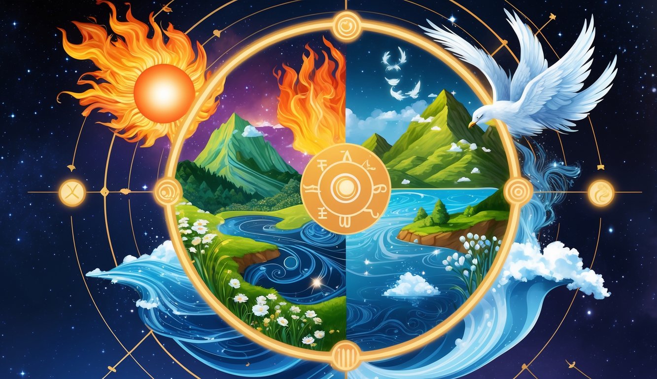 An illustration showing four zodiac elements: fire with flames and sun, earth with mountains and plants, air with clouds and feathers, and water with waves and lakes, all connected in a circular cosmic background.