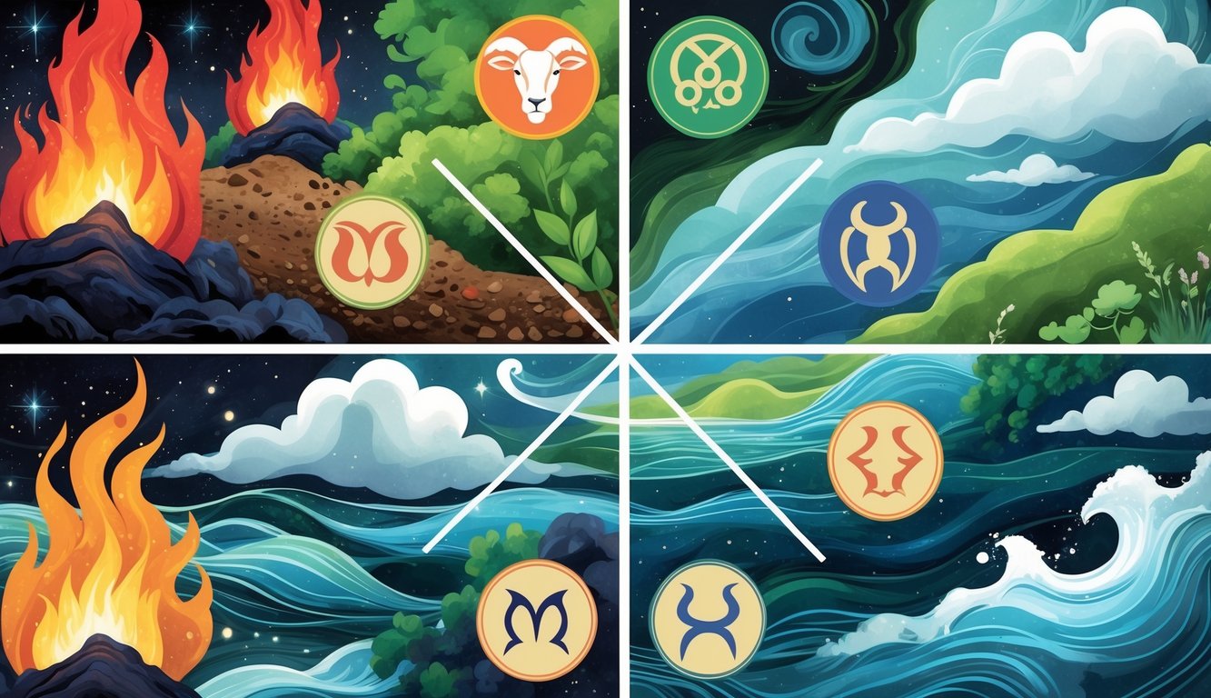 An illustration showing the four astrology elements—fire, earth, air, and water—each with their corresponding zodiac signs represented by symbolic images arranged in four connected sections.