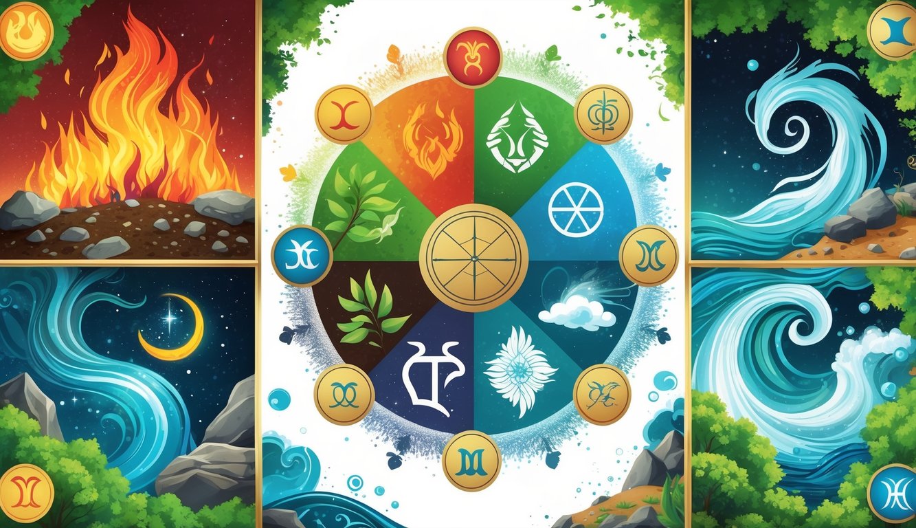 An illustration showing four sections representing the zodiac elements: fire with flames, earth with plants and rocks, air with clouds and wind, and water with waves and droplets, arranged around a central circle.