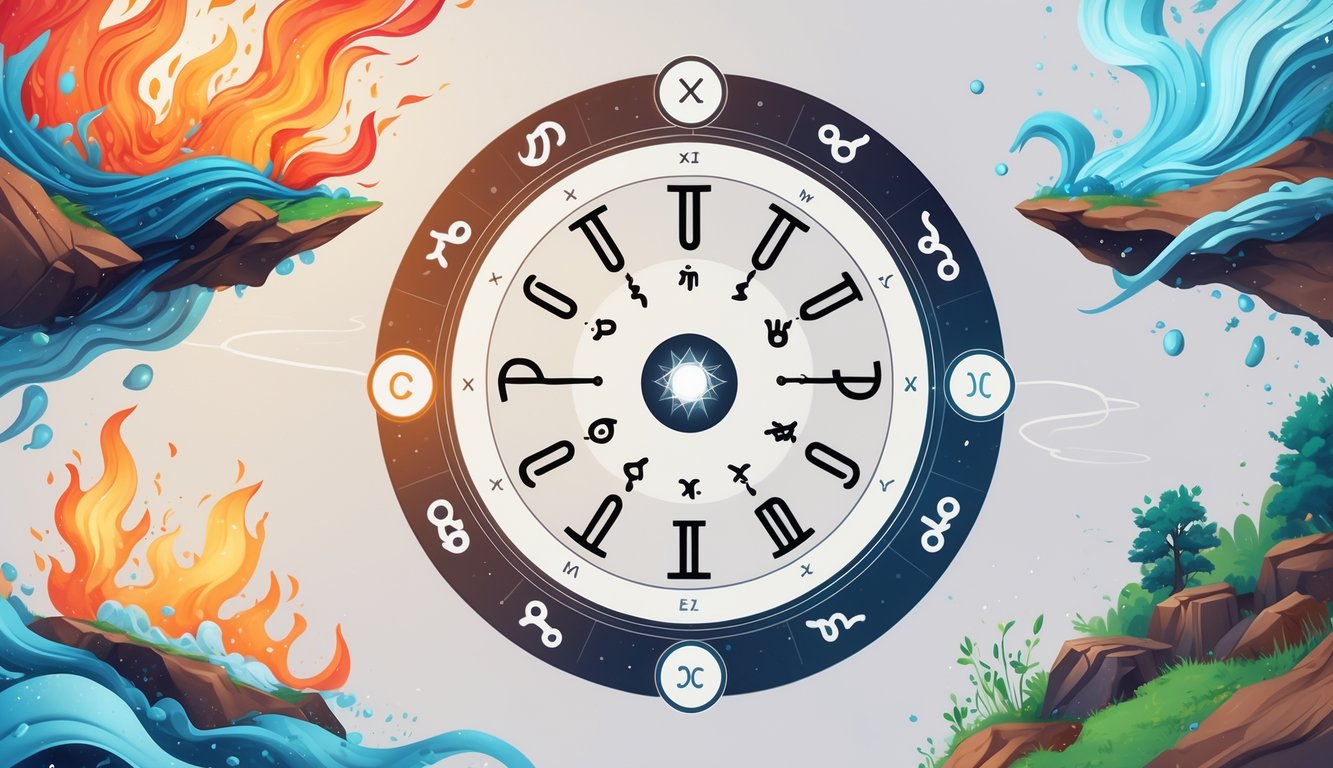An astrology chart surrounded by symbolic representations of fire, water, air, and earth elements, showing their connection to personality and compatibility.