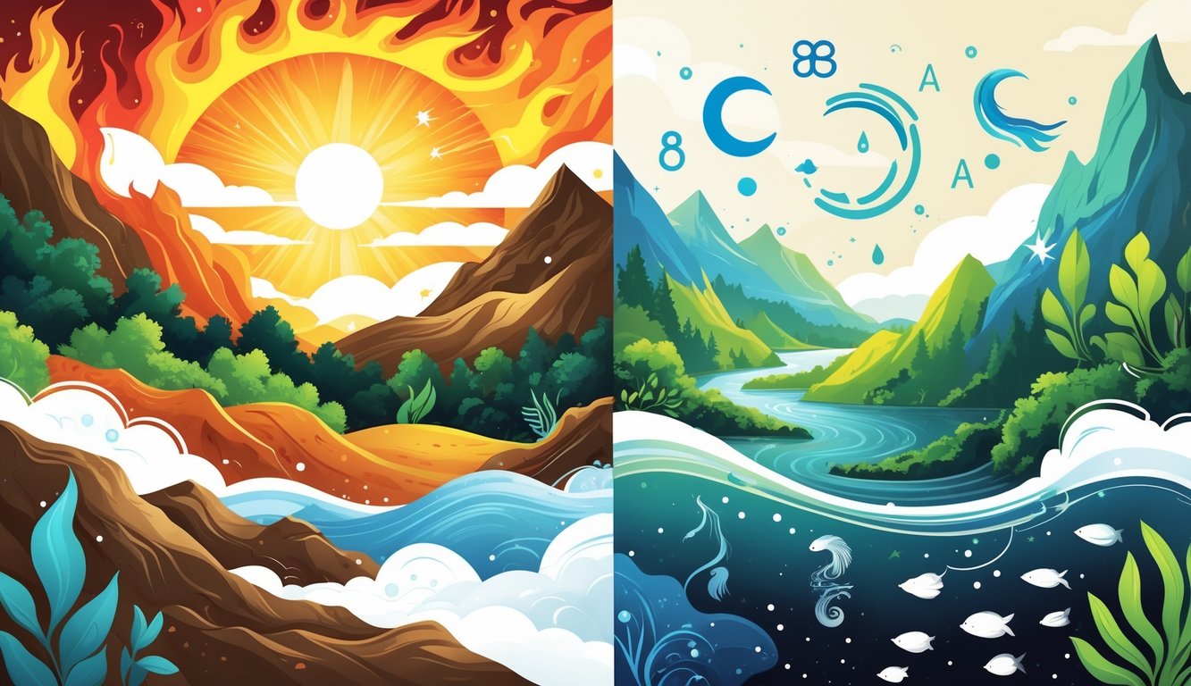 An illustration showing four sections representing the zodiac elements: flames for fire, mountains and plants for earth, swirling clouds for air, and flowing water for water, each with related zodiac symbols.
