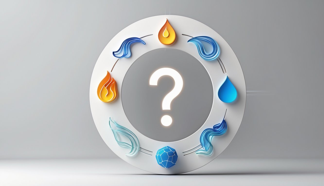 Four symbolic icons representing fire, water, earth, and air arranged in a circle with a glowing question mark in the center.