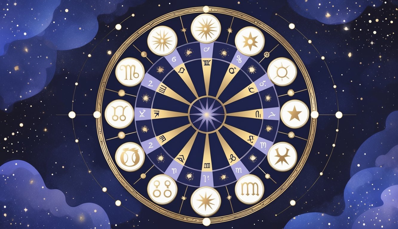 A circular zodiac wheel divided into twelve segments, each showing symbols representing different astrological houses, set against a starry night sky background.