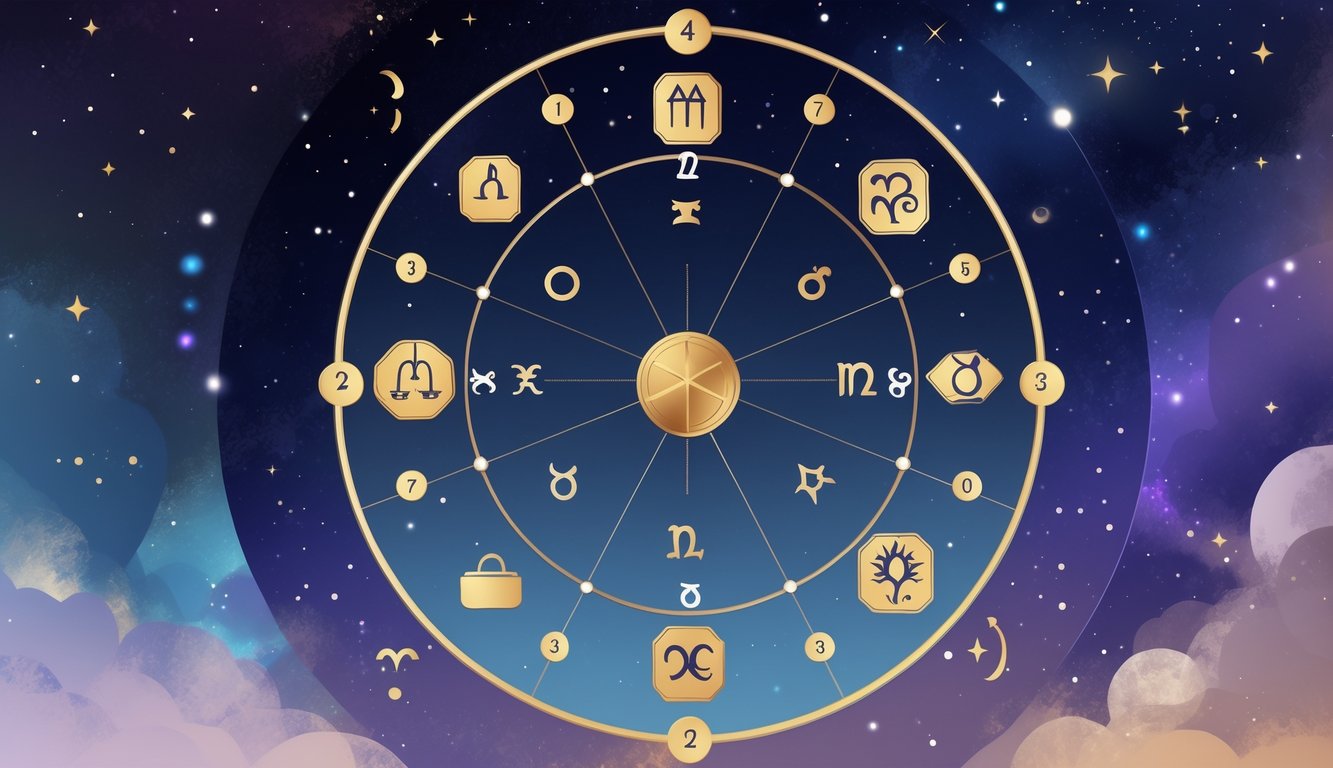A circular zodiac wheel divided into 12 sections, each showing symbolic images representing different life themes, set against a starry cosmic background.
