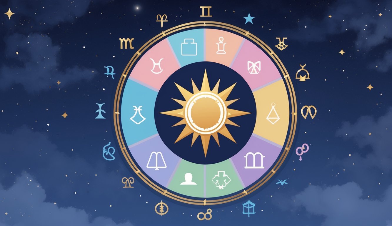 A circular zodiac wheel divided into twelve segments representing astrological houses with symbolic icons and a glowing sun at the center against a starry blue background.