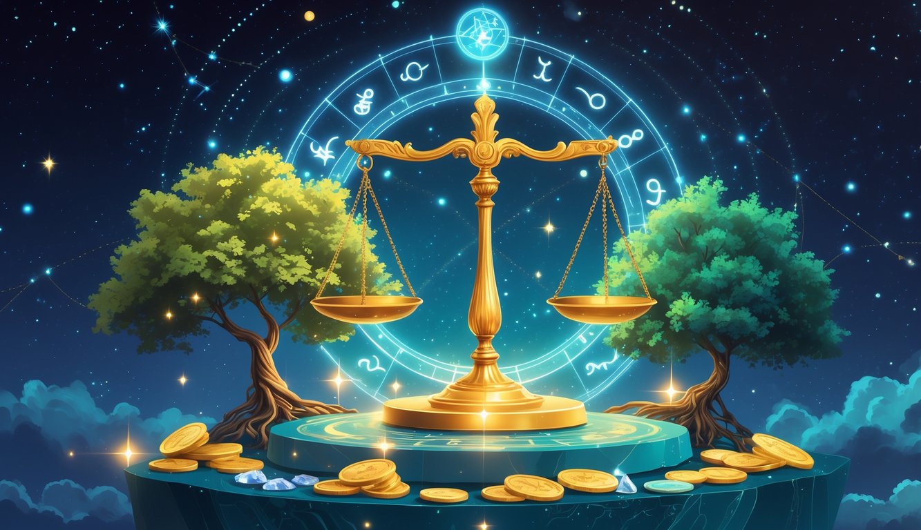 A celestial scene showing a golden scale balanced on a pedestal surrounded by coins, gemstones, and a rooted tree, symbolizing wealth, value, and personal resources.