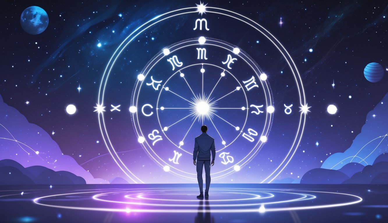 A confident person standing in front of a glowing zodiac wheel highlighting the Aries section, surrounded by stars and cosmic elements.