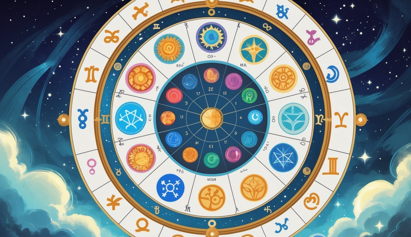 An astrological chart wheel with the First House highlighted, surrounded by symbols of the twelve Zodiac signs and glowing planets around the highlighted section, set against a starry cosmic background.