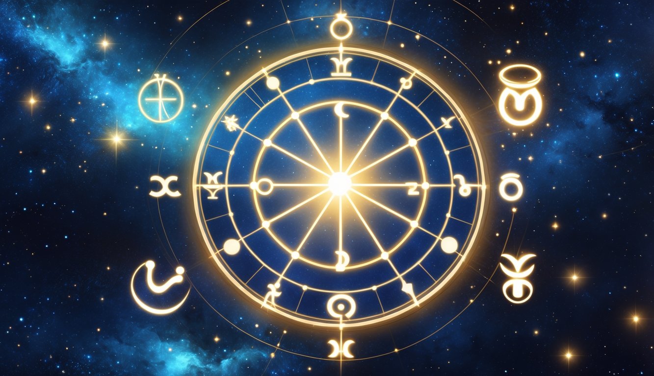 An astrological chart highlighting the Second House with zodiac signs and planets orbiting around it against a starry cosmic background.