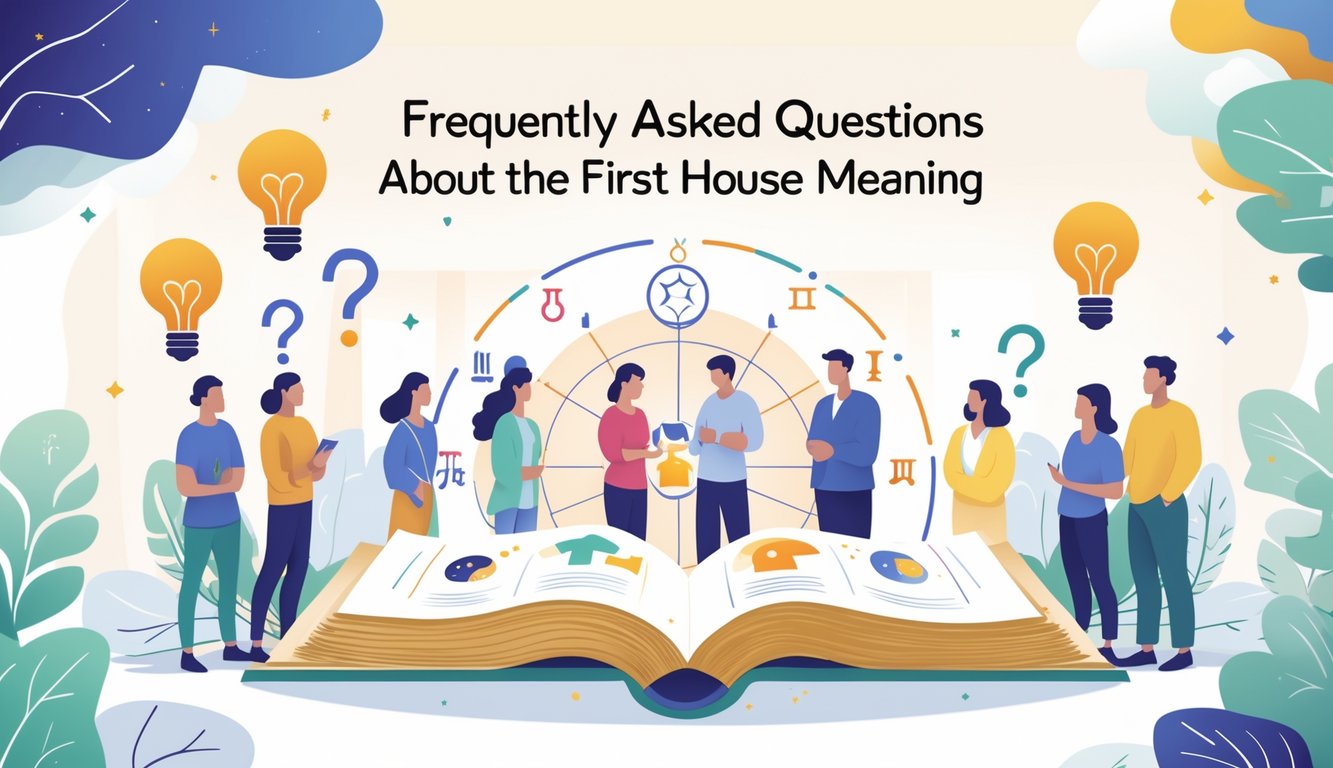 A group of people gathered around an open book with astrological symbols and a highlighted first house represented by a small house icon within an astrological chart.