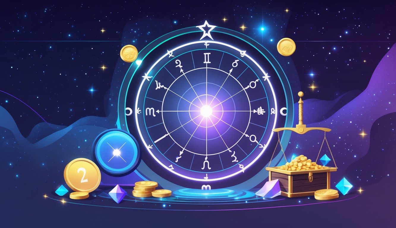 An illustration of an astrological chart highlighting the second house with symbols of coins, gemstones, and a scale, set against a starry cosmic background.
