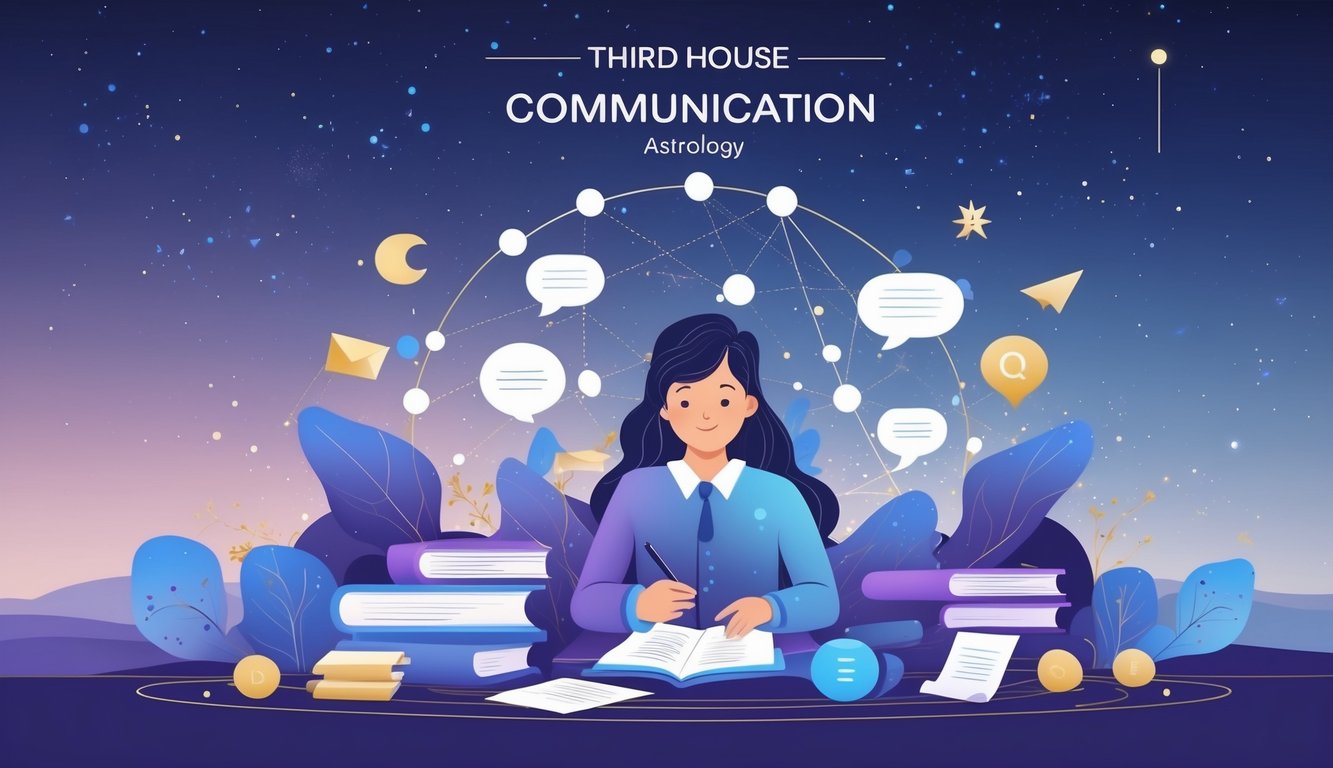 A person surrounded by symbols of communication like books, letters, speech bubbles, and digital devices, set against a cosmic background with zodiac symbols.