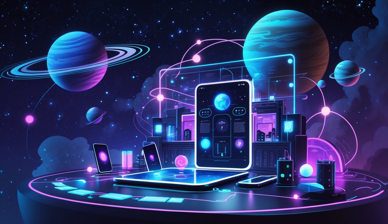 A cosmic scene showing planets orbiting in space alongside modern communication devices like smartphones and holograms connected by glowing data streams, with elements representing communication and learning.