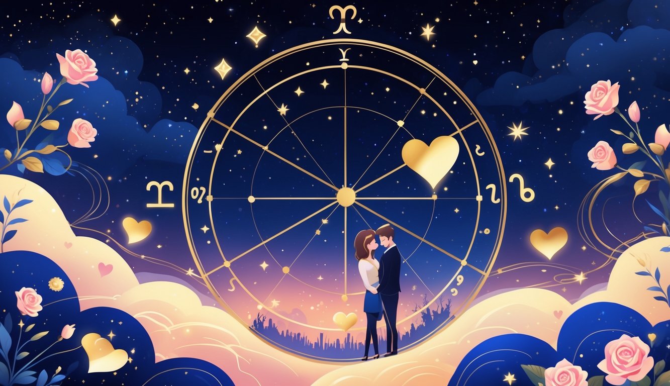 A night sky with stars and zodiac constellations, a golden astrological chart highlighting the fifth house, surrounded by roses, hearts, and a couple facing each other with affectionate expressions.