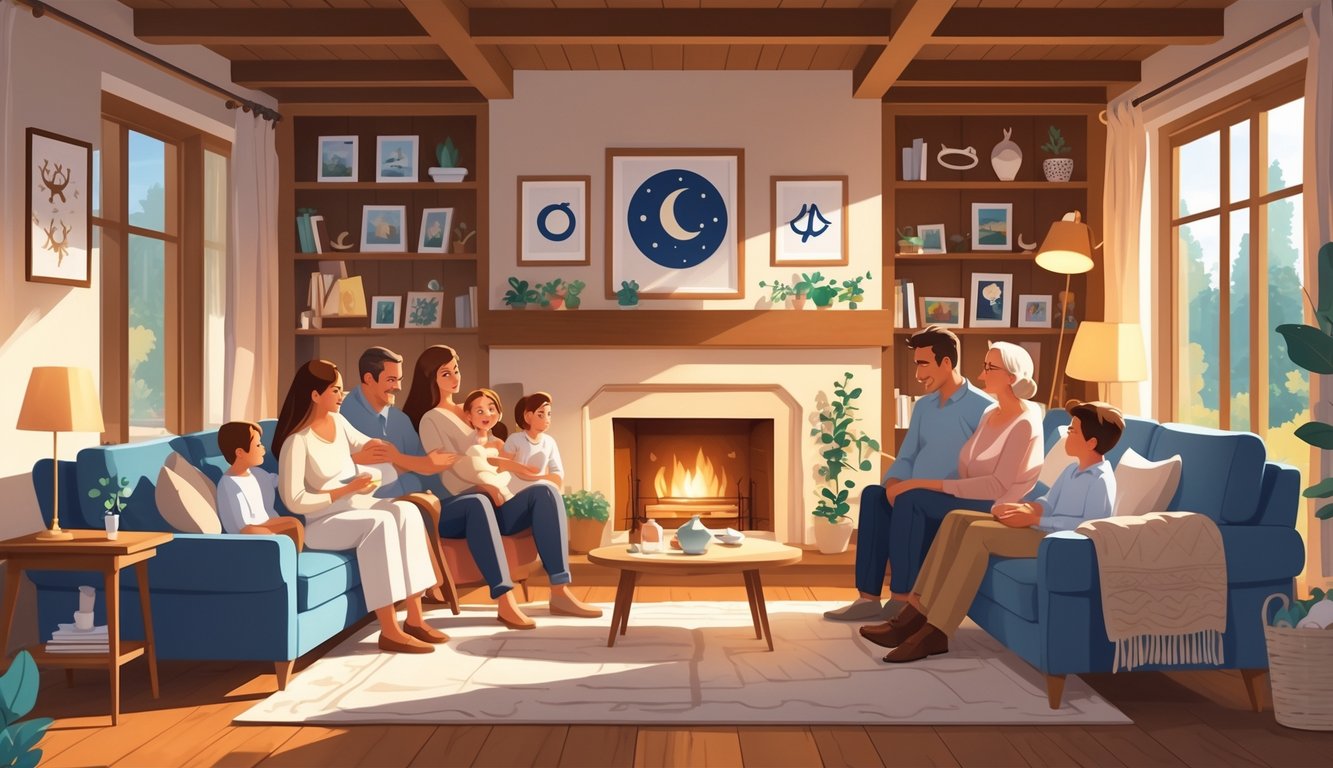 A cozy living room with a fireplace where a multi-generational family is gathered, surrounded by family photos and warm natural light.