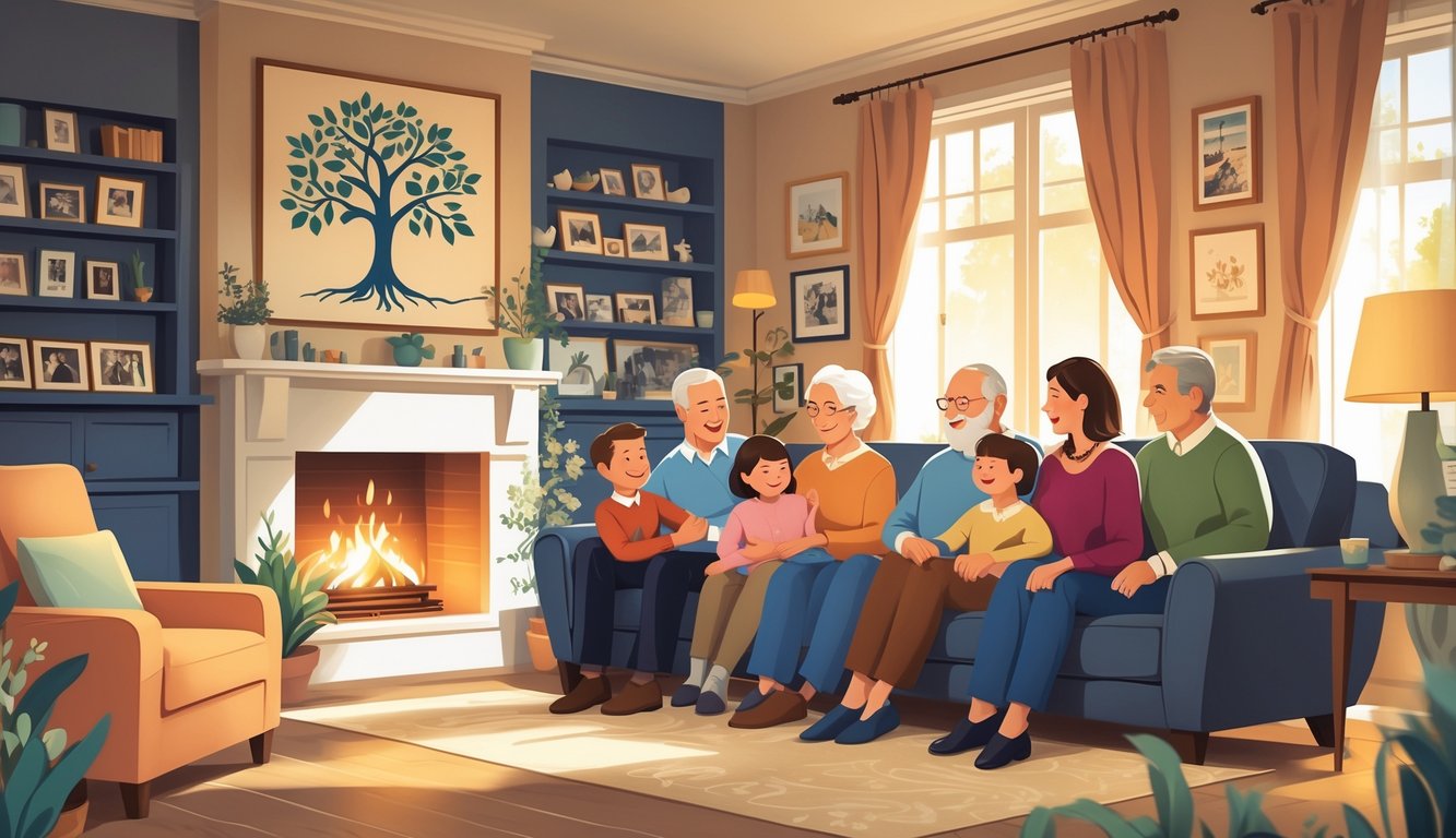 A family gathered together in a cozy living room with a fireplace, surrounded by family photos and personal mementos, sharing warm and loving moments.