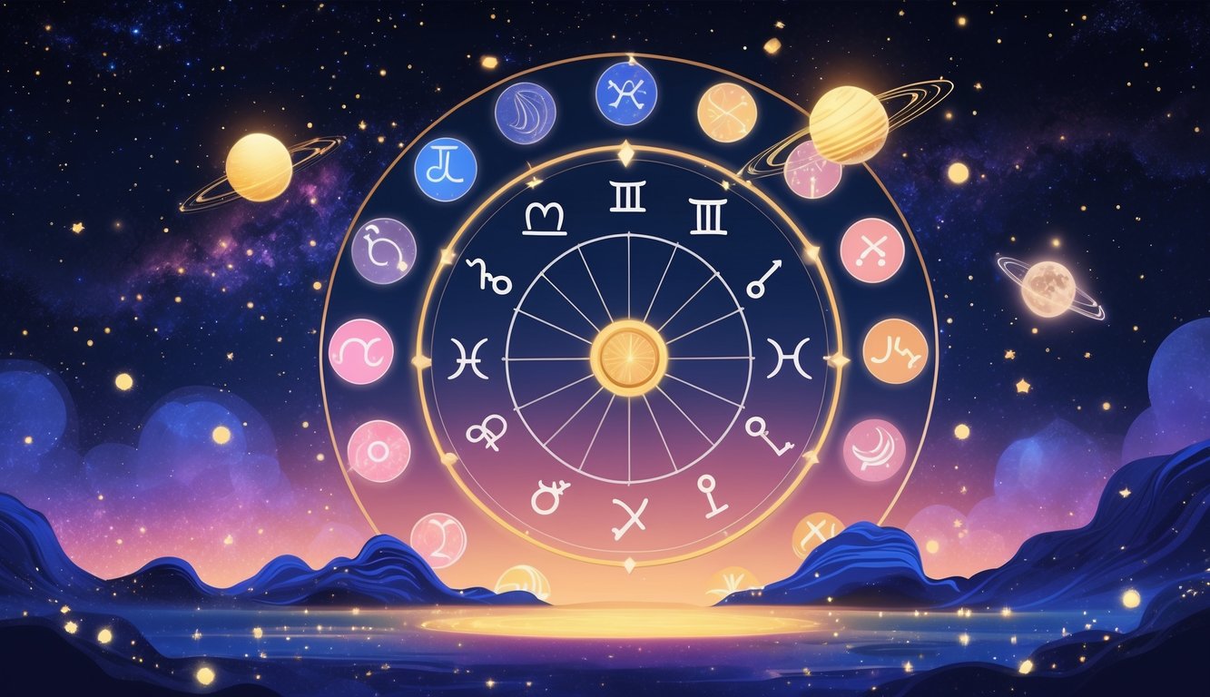 An astrological chart highlighting the Fifth House of Romance with zodiac signs and glowing planets arranged around it against a starry night sky.