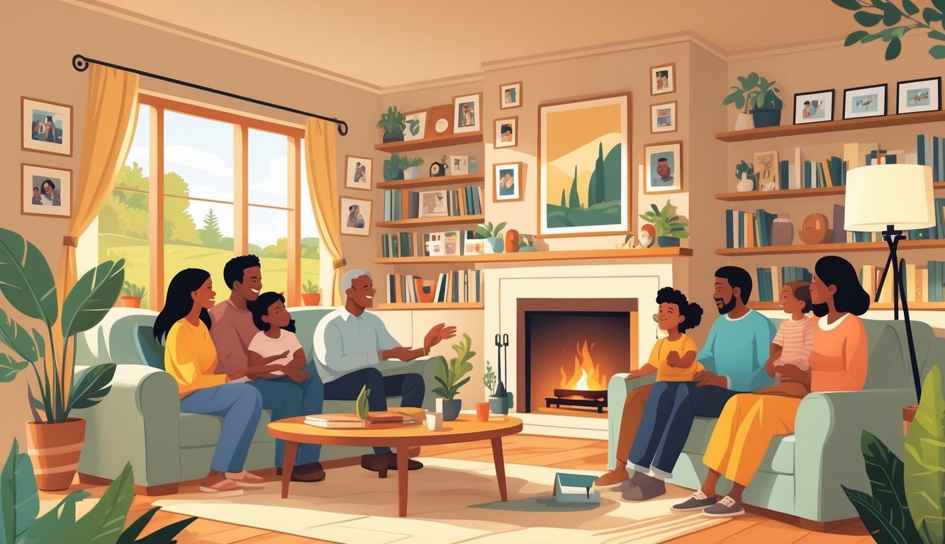A family gathered in a cozy living room with a fireplace, surrounded by family photos and a window showing a garden outside.