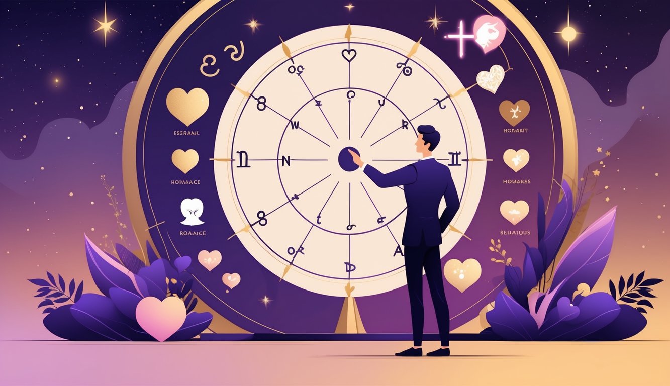 An astrologer pointing at a zodiac chart highlighting the fifth house, surrounded by icons representing romance and creativity against a starry background.