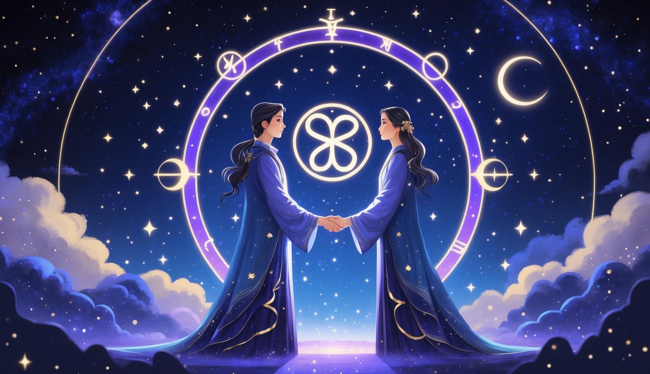 Two figures standing face to face surrounded by stars and zodiac symbols, representing partnership and connection in astrology.