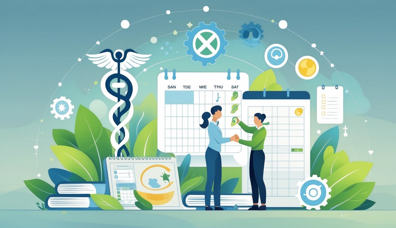 An illustration showing symbols of health, work, and service including a medical symbol, a gear, people helping each other, and a calendar with a checklist.