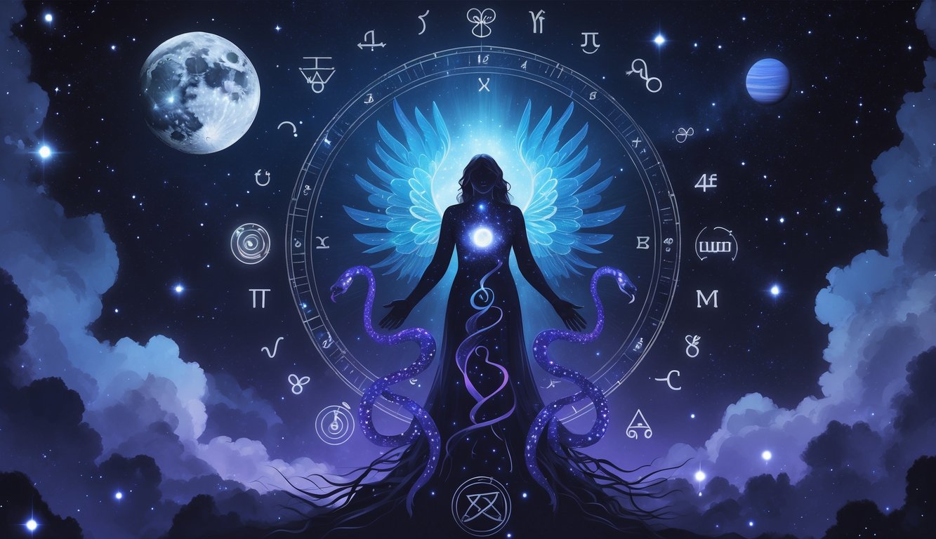 A glowing figure emerges from shadows surrounded by celestial bodies and symbols of transformation like a phoenix and intertwined serpents against a dark starry background.