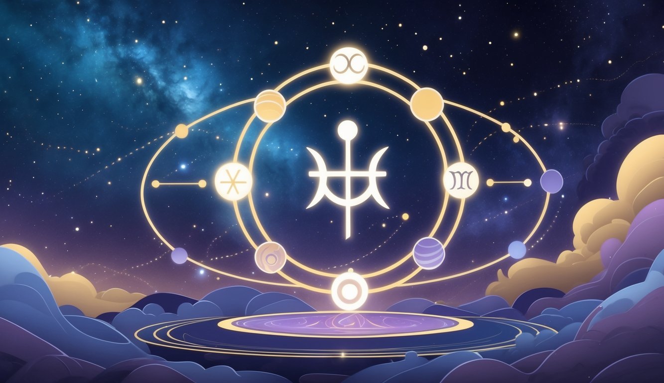 A cosmic scene showing planets connected by flowing lines and rings around a central zodiac symbol, representing relationships and agreements in astrology.